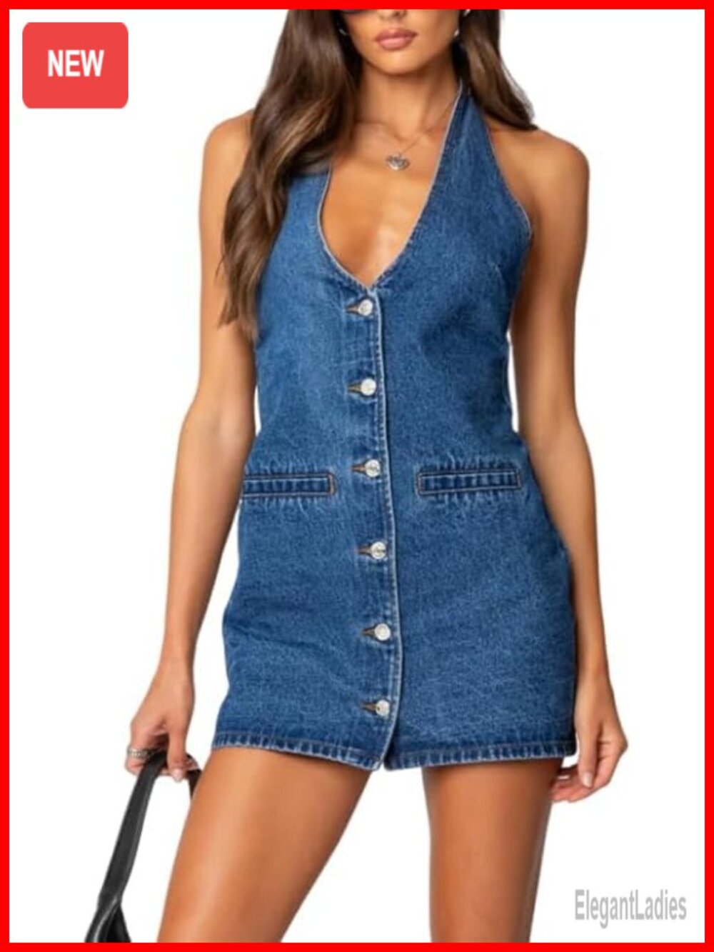 Women's Backless Denim Mini Dress Halter V-Neck Sleeveless Button Down Jean